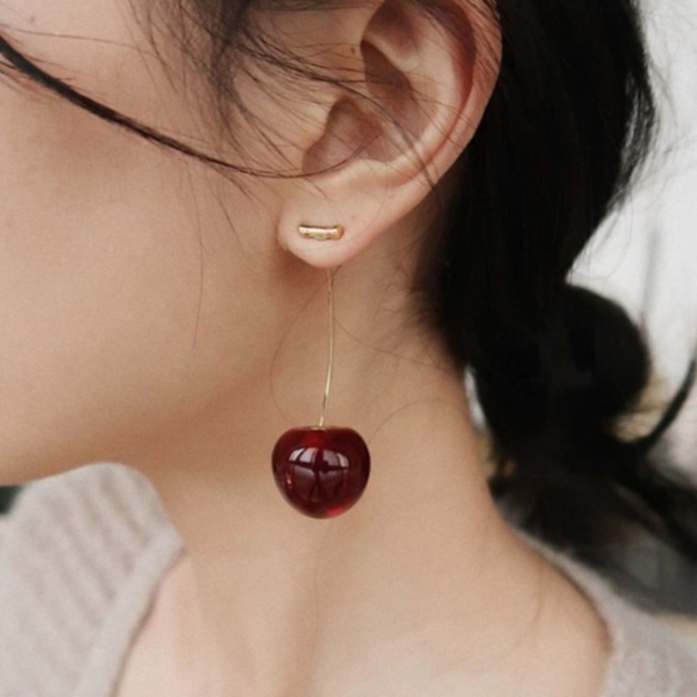 Red Cherry Dangle Drop Gold Cute Earrings - Picture 2 of 5